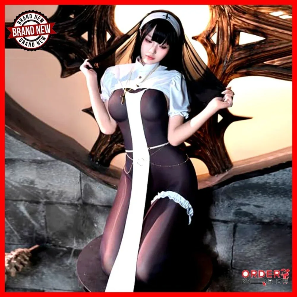 Sexy Nun Costume Bodysuit Set with Veil and Accessories for Women